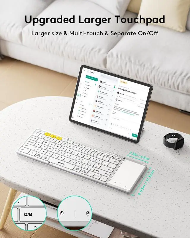 Alt view image 2 of 7 - Foldable Bluetooth Keyboard with Touchpad, Full-Size Wireless Folding Keyboard with PU Leather, Portable Travel for iOS Android Windows Mac OS, Support 3 Devices (BT5.1 x 3), Silver