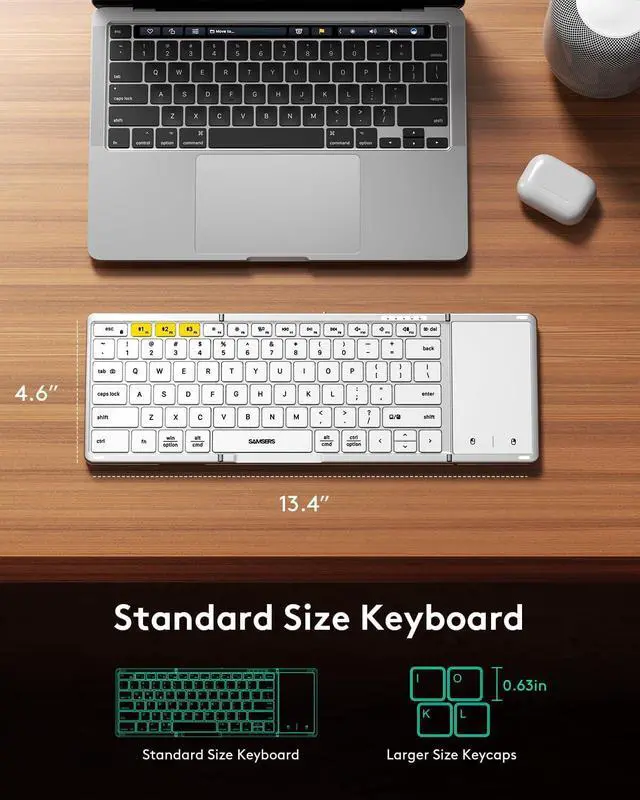 Alt view image 3 of 7 - Foldable Bluetooth Keyboard with Touchpad, Full-Size Wireless Folding Keyboard with PU Leather, Portable Travel for iOS Android Windows Mac OS, Support 3 Devices (BT5.1 x 3), Silver