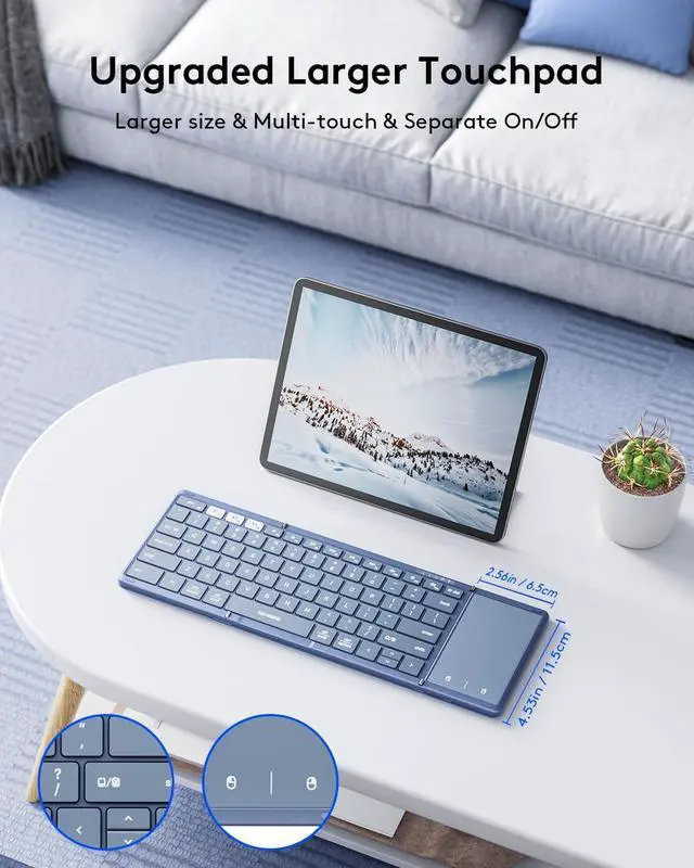 Alt view image 2 of 7 - Foldable Bluetooth Keyboard with Touchpad, Full-Size Wireless Folding Keyboard with PU Leather, Portable Travel Keyboards for iOS Android Windows Mac OS, Support 3 Devices (BT5.1 x 3), Blue