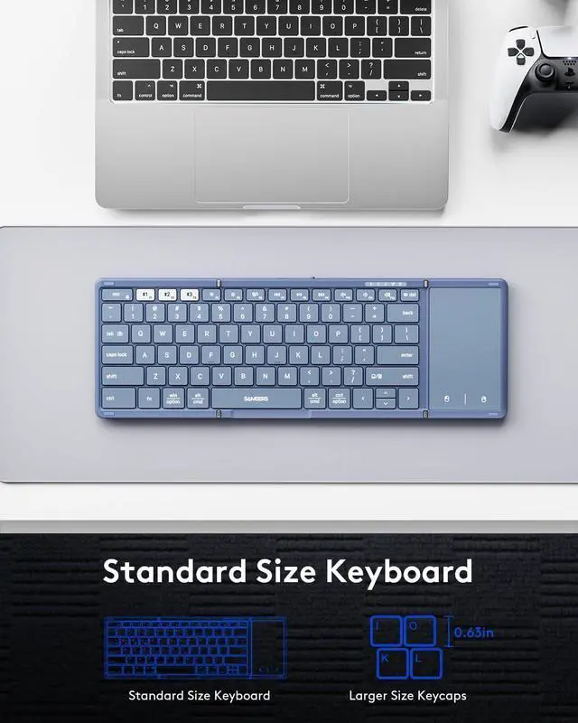 Alt view image 3 of 7 - Foldable Bluetooth Keyboard with Touchpad, Full-Size Wireless Folding Keyboard with PU Leather, Portable Travel Keyboards for iOS Android Windows Mac OS, Support 3 Devices (BT5.1 x 3), Blue
