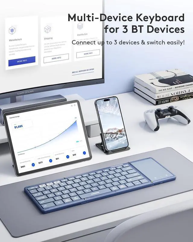 Alt view image 7 of 7 - Foldable Bluetooth Keyboard with Touchpad, Full-Size Wireless Folding Keyboard with PU Leather, Portable Travel Keyboards for iOS Android Windows Mac OS, Support 3 Devices (BT5.1 x 3), Blue