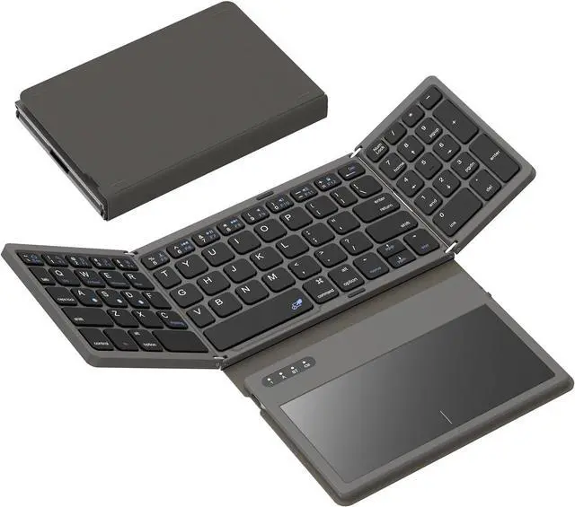 Main image of Foldable Bluetooth Keyboard with Large Touchpad, Numeric Keypad, PU Leather, Wireless Travel Keyboard for Windows, iOS, Android, Mac (Grey)