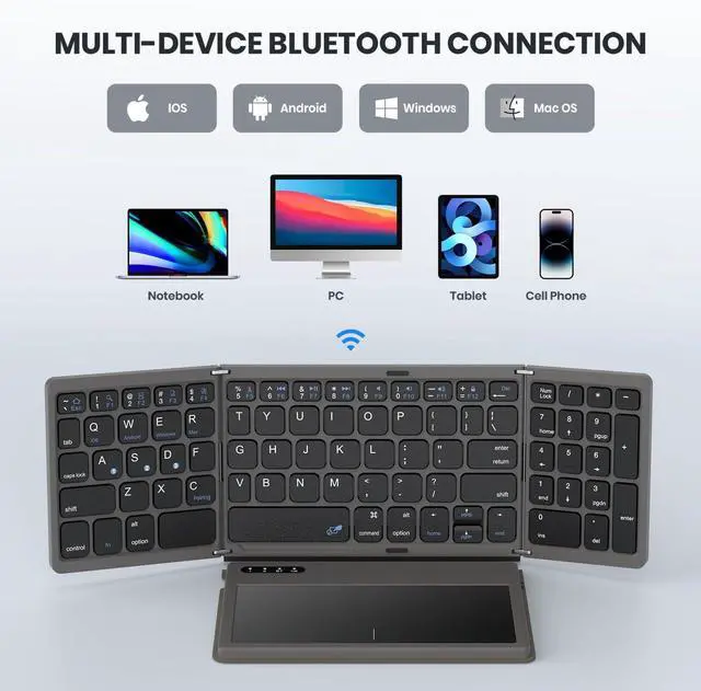 Alt view image 4 of 7 - Foldable Bluetooth Keyboard with Large Touchpad, Numeric Keypad, PU Leather, Wireless Travel Keyboard for Windows, iOS, Android, Mac (Grey)
