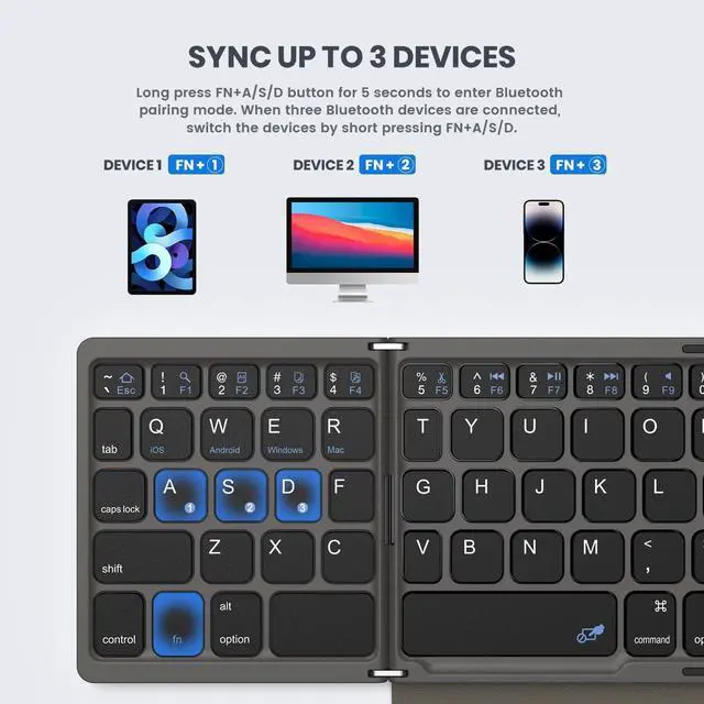 Alt view image 3 of 7 - Foldable Bluetooth Keyboard with Large Touchpad, Numeric Keypad, PU Leather, Wireless Travel Keyboard for Windows, iOS, Android, Mac (Grey)