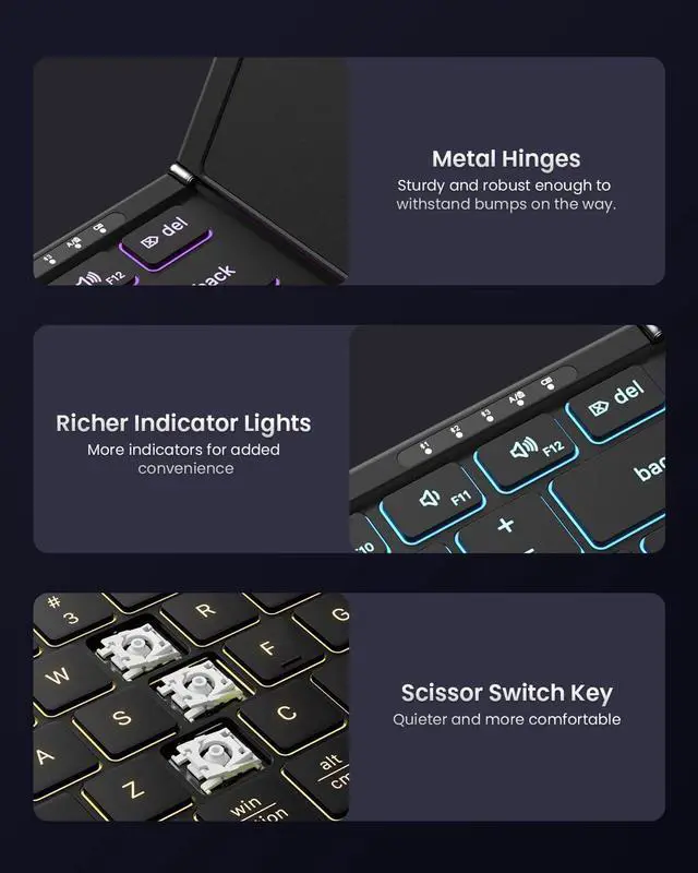 Alt view image 6 of 7 - Foldable Bluetooth Keyboard with Touchpad, Full-Size Wireless Folding Keyboards with Backlight, Portable Travel for iOS Android Windows Mac OS, Support 3 Device(BT5.1 x 3), Black