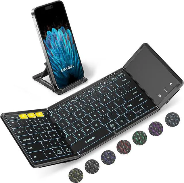 Main image of Foldable Bluetooth Keyboard with Touchpad, Full-Size Wireless Folding Keyboards with Backlight, Portable Travel for iOS Android Windows Mac OS, Support 3 Device(BT5.1 x 3), Black
