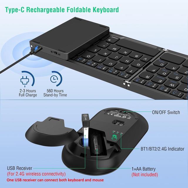 Alt view image 3 of 7 - Foldable Keyboard and Mouse, Folding Wireless Keyboard Mouse Combo with Portable Case, Rechargeable 2.4G+Bluetooth Multi-Device Combo for Windows, iOS, Android, MacOS PC/Laptop/Tablet