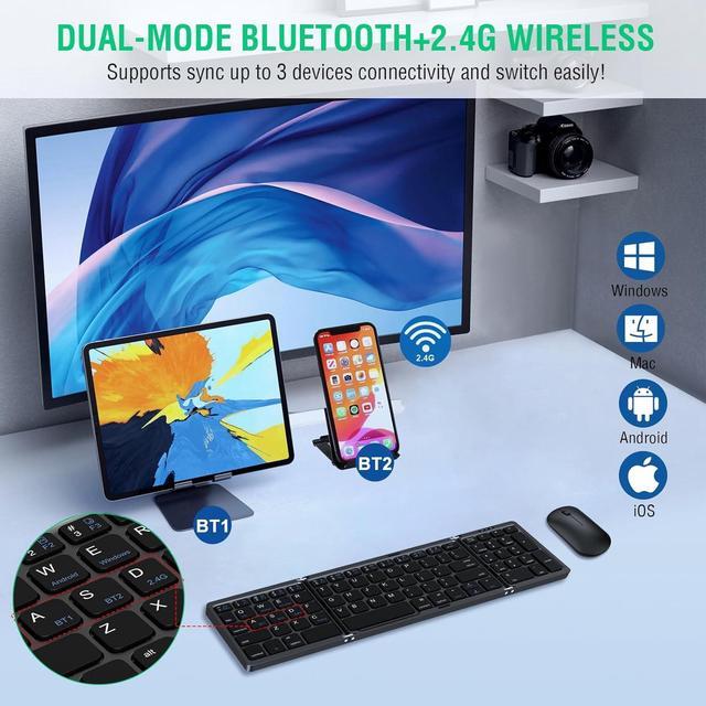 Alt view image 2 of 7 - Foldable Keyboard and Mouse, Folding Wireless Keyboard Mouse Combo with Portable Case, Rechargeable 2.4G+Bluetooth Multi-Device Combo for Windows, iOS, Android, MacOS PC/Laptop/Tablet
