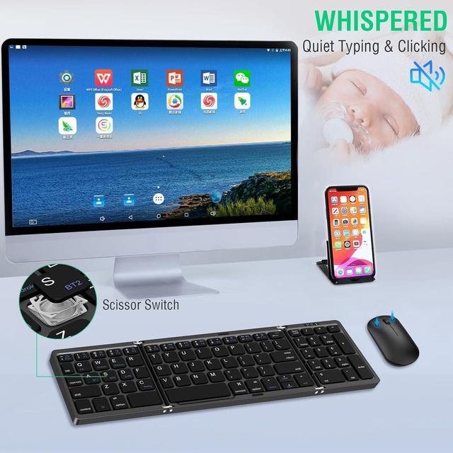 Alt view image 5 of 7 - Foldable Keyboard and Mouse, Folding Wireless Keyboard Mouse Combo with Portable Case, Rechargeable 2.4G+Bluetooth Multi-Device Combo for Windows, iOS, Android, MacOS PC/Laptop/Tablet