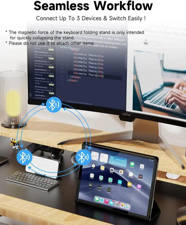 Alt view image 2 of 7 - Foldable Bluetooth Keyboard with Magnetic Stand,Aluminum Alloy Mini Quiet Folding Portable Lightweight Travel Rechargeable Pocket for Tablet,iPad, Phones, Black