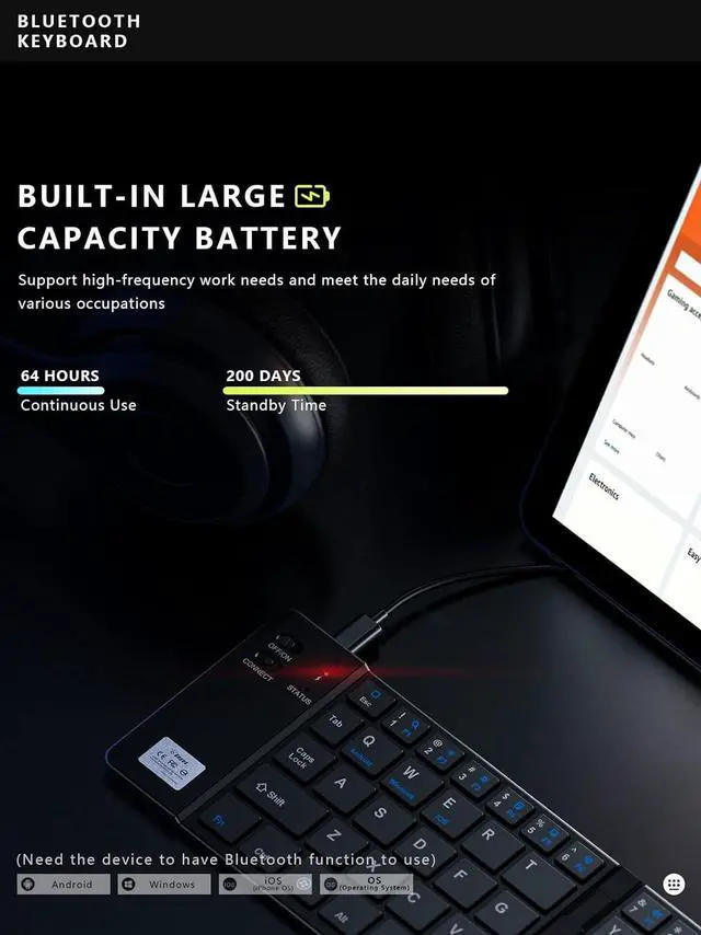 Alt view image 5 of 7 - Foldable Bluetooth Keyboard for iPhone, iPad and Smartphone, Travel Keyboard (Black)