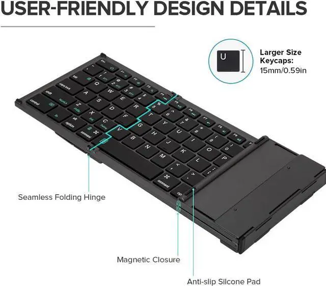 Alt view image 6 of 7 - Full Size Folding Keyboard 78 Keys, Wireless Bluetooth Keyboard with 2-in-1 Touchpad, Portable Travel Multi-Device and Multi-System (KF17)