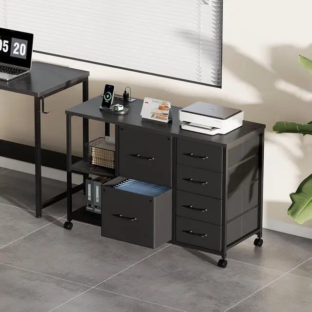 Alt view image 2 of 7 - 6 Drawer File Cabinet with Charging Station Rolling Printer Stand with Open Storage Shelf Fabric Lateral Filing Cabinet for Home Office,Black