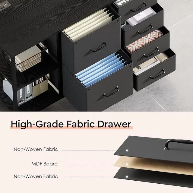 Alt view image 4 of 7 - 6 Drawer File Cabinet with Charging Station Rolling Printer Stand with Open Storage Shelf Fabric Lateral Filing Cabinet for Home Office,Black