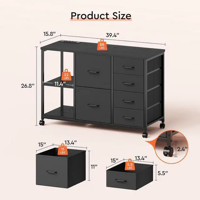 Alt view image 3 of 7 - 6 Drawer File Cabinet with Charging Station Rolling Printer Stand with Open Storage Shelf Fabric Lateral Filing Cabinet for Home Office,Black