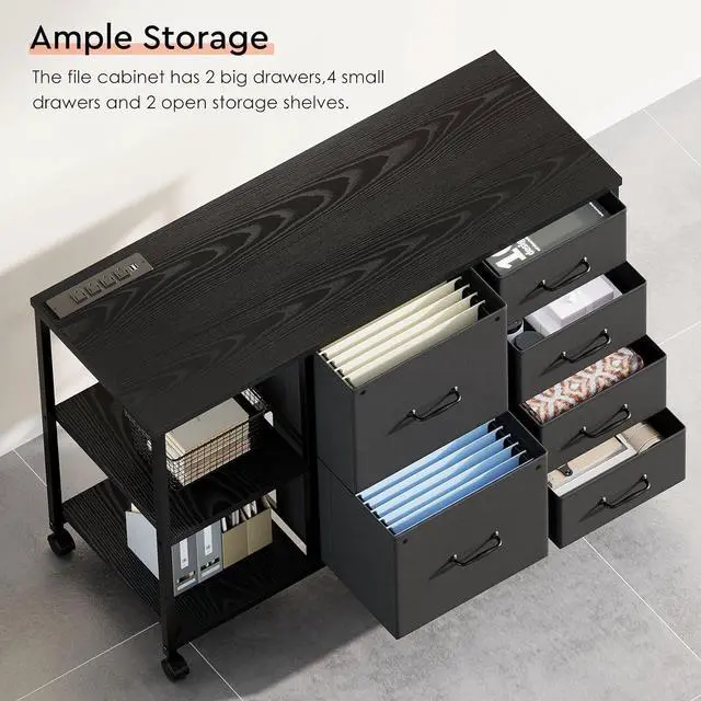 Alt view image 7 of 7 - 6 Drawer File Cabinet with Charging Station Rolling Printer Stand with Open Storage Shelf Fabric Lateral Filing Cabinet for Home Office,Black