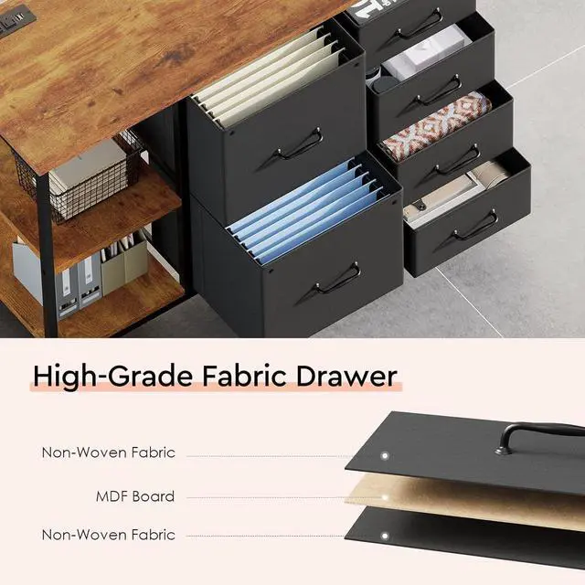 Alt view image 4 of 7 - 6 Drawer File Cabinet with Charging Station Rolling Printer Stand with Open Storage Shelf Fabric Lateral Filing Cabinet for Home Office,Brown