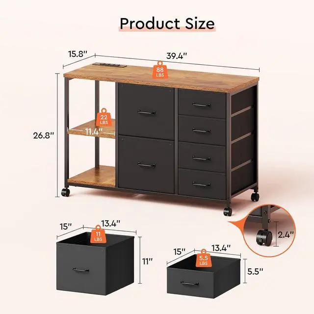 Alt view image 3 of 7 - 6 Drawer File Cabinet with Charging Station Rolling Printer Stand with Open Storage Shelf Fabric Lateral Filing Cabinet for Home Office,Brown