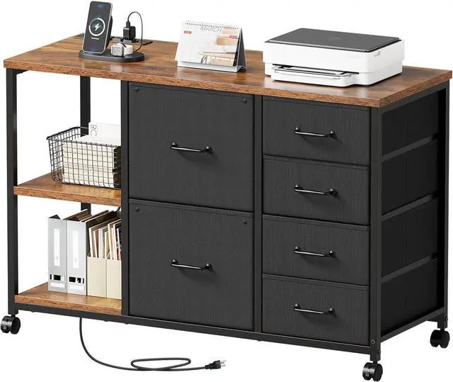 Main image of 6 Drawer File Cabinet with Charging Station Rolling Printer Stand with Open Storage Shelf Fabric Lateral Filing Cabinet for Home Office,Brown