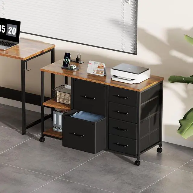 Alt view image 2 of 7 - 6 Drawer File Cabinet with Charging Station Rolling Printer Stand with Open Storage Shelf Fabric Lateral Filing Cabinet for Home Office,Brown