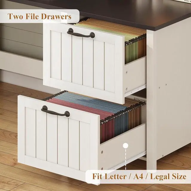 Alt view image 4 of 7 - Farmhouse 63" Executive Desk, Wood Computer Desk with Drawers and Storage Cabinet, Home Office Desk with File Drawer and Monitor Stand, Wood Desk for Work Study Writing, White