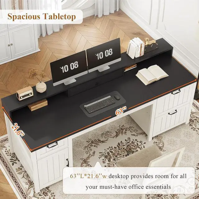 Alt view image 5 of 7 - Farmhouse 63" Executive Desk, Wood Computer Desk with Drawers and Storage Cabinet, Home Office Desk with File Drawer and Monitor Stand, Wood Desk for Work Study Writing, White