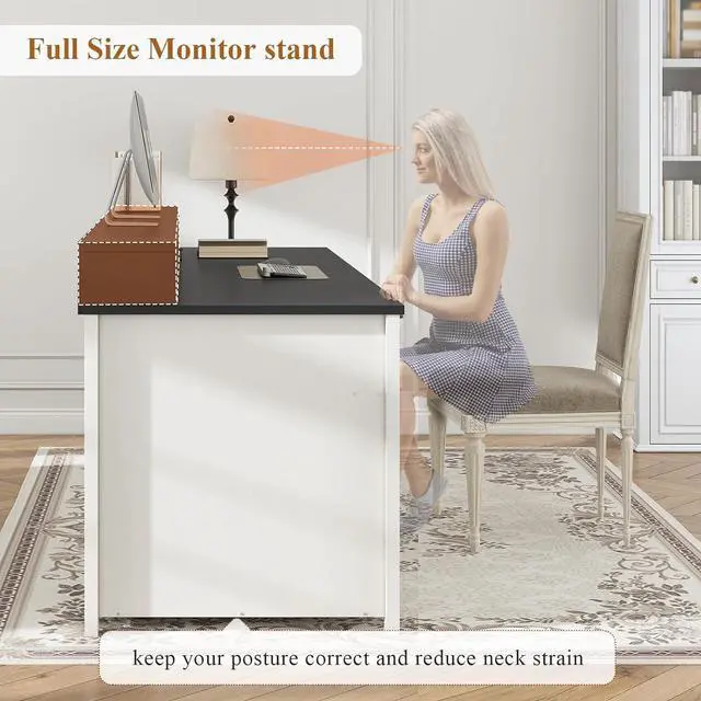 Alt view image 7 of 7 - Farmhouse 63" Executive Desk, Wood Computer Desk with Drawers and Storage Cabinet, Home Office Desk with File Drawer and Monitor Stand, Wood Desk for Work Study Writing, White