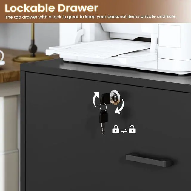 Alt view image 5 of 6 - 2 Drawer File Cabinet with Lock & Charging Station, Filing Cabinet Fits Letter, Legal, A4 Size, Wood File Cabinets for Home Office with Bookshelf, Printer Stand with Storage Shelf, Black