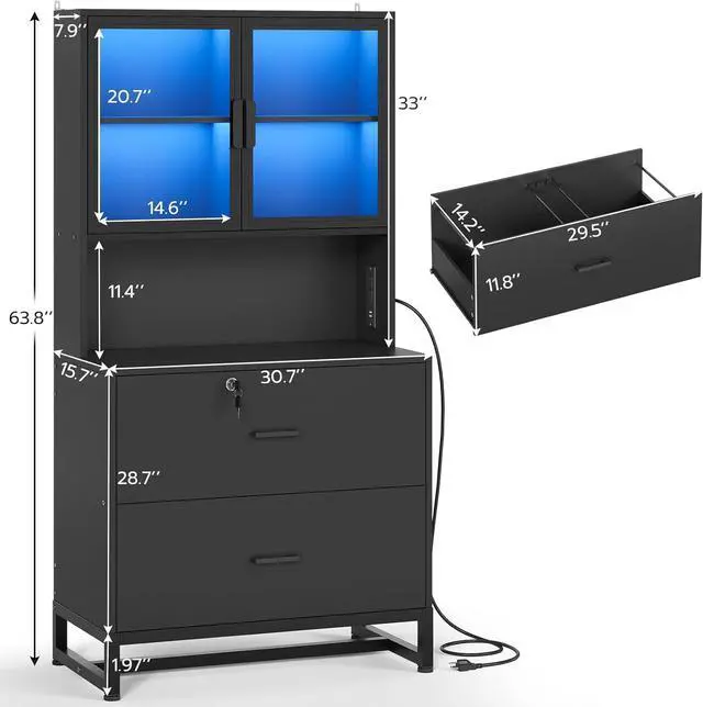 Alt view image 2 of 6 - 2 Drawer File Cabinet with Lock & Charging Station, Filing Cabinet Fits Letter, Legal, A4 Size, Wood File Cabinets for Home Office with Bookshelf, Printer Stand with Storage Shelf, Black