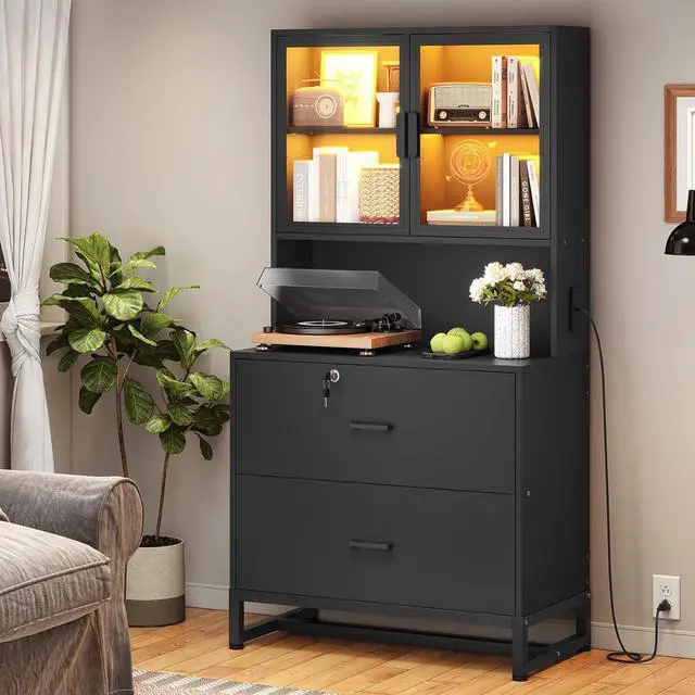 Main image of 2 Drawer File Cabinet with Lock & Charging Station, Filing Cabinet Fits Letter, Legal, A4 Size, Wood File Cabinets for Home Office with Bookshelf, Printer Stand with Storage Shelf, Black