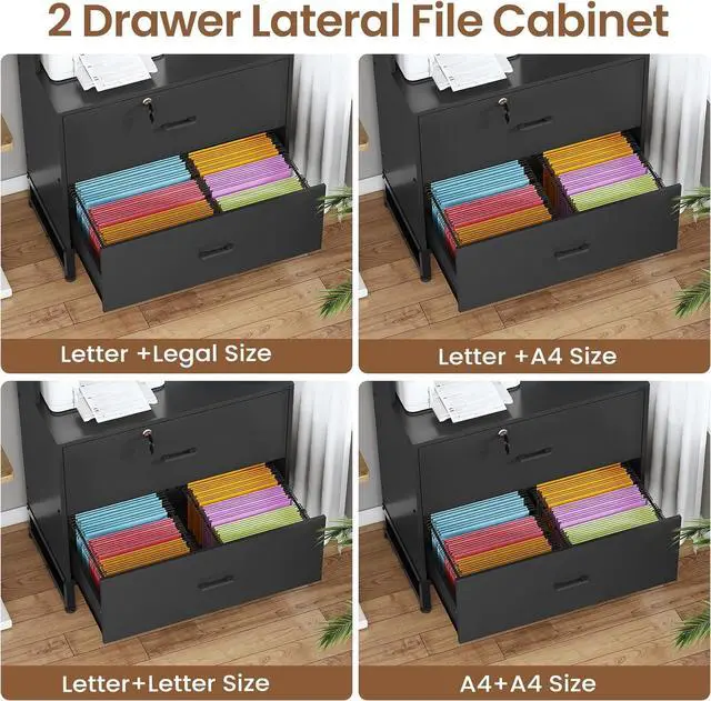 Alt view image 3 of 6 - 2 Drawer File Cabinet with Lock & Charging Station, Filing Cabinet Fits Letter, Legal, A4 Size, Wood File Cabinets for Home Office with Bookshelf, Printer Stand with Storage Shelf, Black