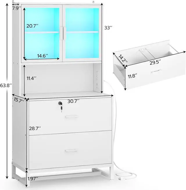 Alt view image 2 of 6 - 2 Drawer File Cabinet with Lock & Charging Station, Filing Cabinet Fits Letter, Legal, A4 Size, Wood File Cabinets for Home Office with Bookshelf, Printer Stand with Storage Shelf, White