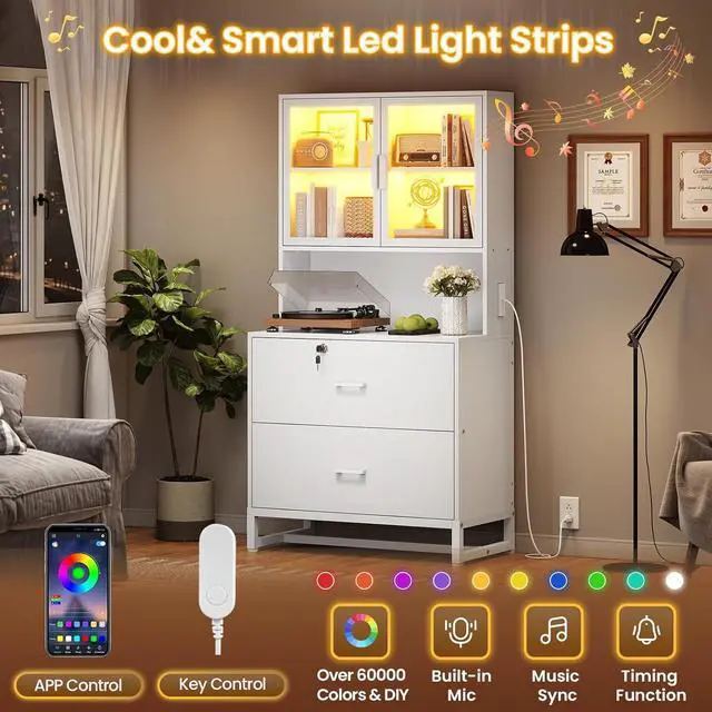 Alt view image 4 of 6 - 2 Drawer File Cabinet with Lock & Charging Station, Filing Cabinet Fits Letter, Legal, A4 Size, Wood File Cabinets for Home Office with Bookshelf, Printer Stand with Storage Shelf, White