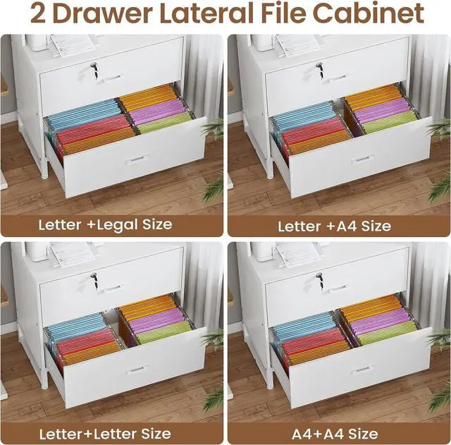Alt view image 3 of 6 - 2 Drawer File Cabinet with Lock & Charging Station, Filing Cabinet Fits Letter, Legal, A4 Size, Wood File Cabinets for Home Office with Bookshelf, Printer Stand with Storage Shelf, White
