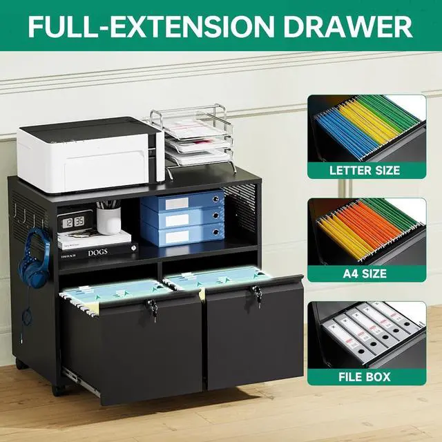 Alt view image 4 of 7 - Mobile 2 Drawer File Cabinet with Lock, Metal Lateral Printer Stand Filing Storage Cabinets with Shelves for Home Office-A4/F4/Letter (Black)