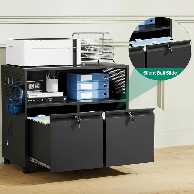 Alt view image 6 of 7 - Mobile 2 Drawer File Cabinet with Lock, Metal Lateral Printer Stand Filing Storage Cabinets with Shelves for Home Office-A4/F4/Letter (Black)