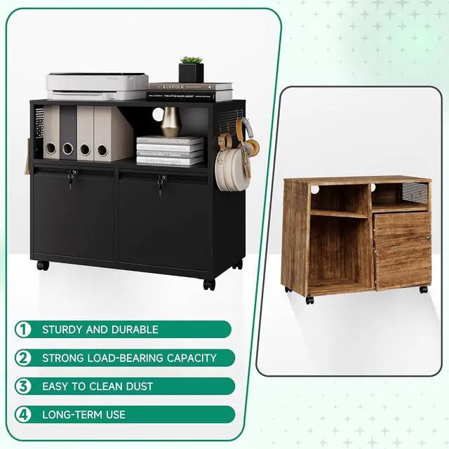 Alt view image 5 of 7 - Mobile 2 Drawer File Cabinet with Lock, Metal Lateral Printer Stand Filing Storage Cabinets with Shelves for Home Office-A4/F4/Letter (Black)