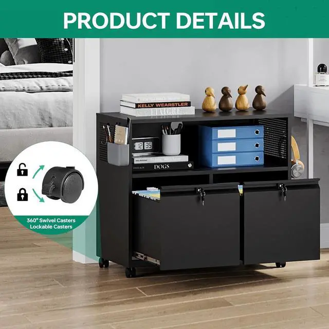 Alt view image 7 of 7 - Mobile 2 Drawer File Cabinet with Lock, Metal Lateral Printer Stand Filing Storage Cabinets with Shelves for Home Office-A4/F4/Letter (Black)