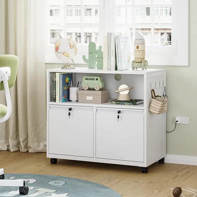 Alt view image 2 of 7 - Mobile 2 Drawer File Cabinet with Lock, Metal Lateral Printer Stand Filing Storage Cabinets with Shelves for Home Office-A4/F4/Letter (White)