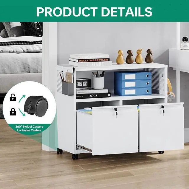 Alt view image 6 of 7 - Mobile 2 Drawer File Cabinet with Lock, Metal Lateral Printer Stand Filing Storage Cabinets with Shelves for Home Office-A4/F4/Letter (White)