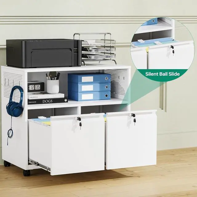 Alt view image 4 of 7 - Mobile 2 Drawer File Cabinet with Lock, Metal Lateral Printer Stand Filing Storage Cabinets with Shelves for Home Office-A4/F4/Letter (White)