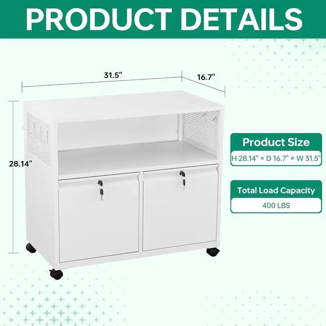 Alt view image 3 of 7 - Mobile 2 Drawer File Cabinet with Lock, Metal Lateral Printer Stand Filing Storage Cabinets with Shelves for Home Office-A4/F4/Letter (White)