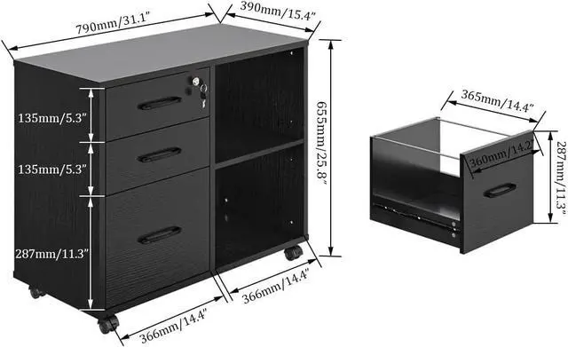 Alt view image 2 of 6 - 3 Drawer Office File Cabinets, Mobile Lateral Printer Stand with Open Storage Shelf, Rolling Filing Cabinet with Wheels Home Office Organization and Storage (Black)