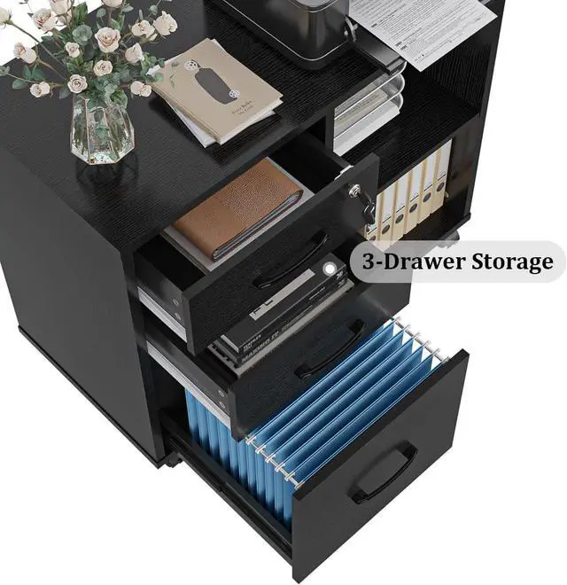 Alt view image 4 of 6 - 3 Drawer Office File Cabinets, Mobile Lateral Printer Stand with Open Storage Shelf, Rolling Filing Cabinet with Wheels Home Office Organization and Storage (Black)