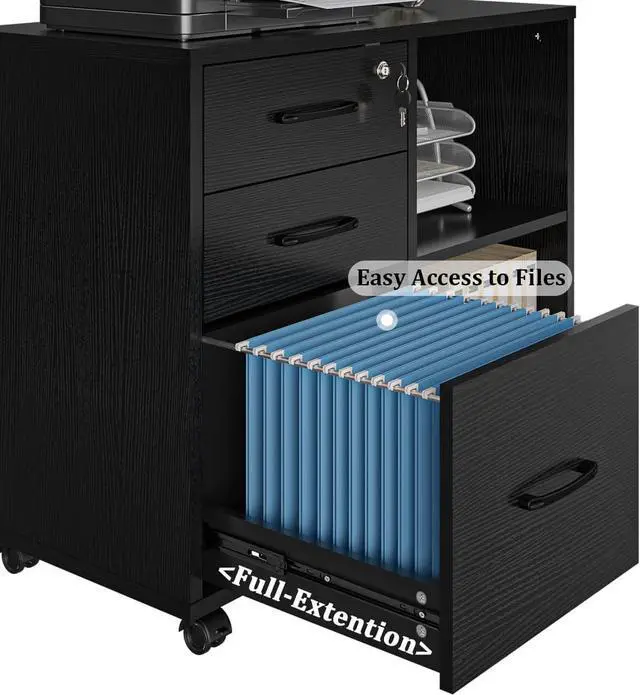 Alt view image 5 of 6 - 3 Drawer Office File Cabinets, Mobile Lateral Printer Stand with Open Storage Shelf, Rolling Filing Cabinet with Wheels Home Office Organization and Storage (Black)