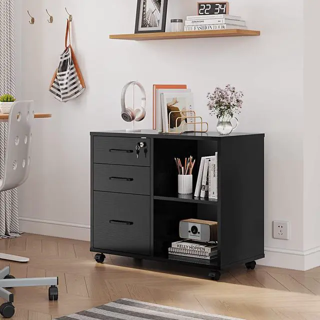 Alt view image 3 of 6 - 3 Drawer Office File Cabinets, Mobile Lateral Printer Stand with Open Storage Shelf, Rolling Filing Cabinet with Wheels Home Office Organization and Storage (Black)
