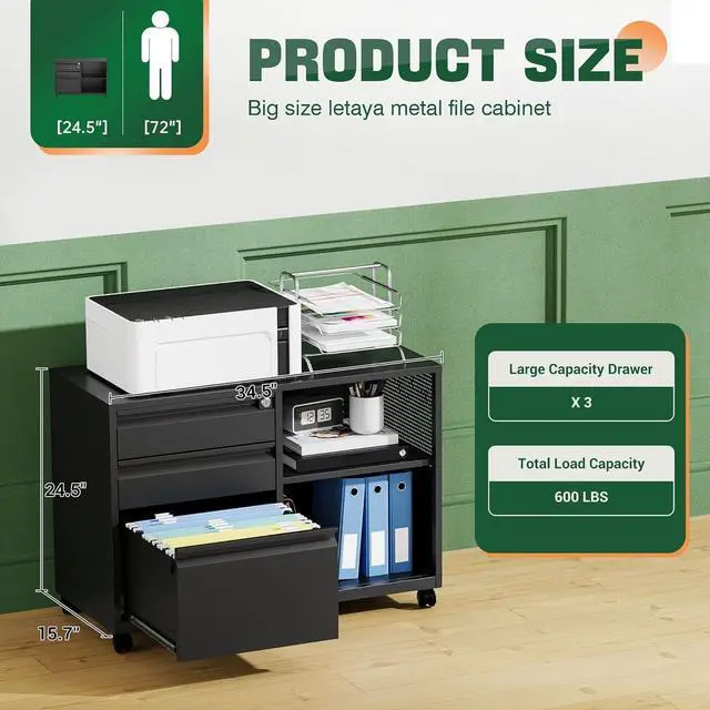 Alt view image 3 of 7 - Mobile 3 Drawer File Cabinet with Lock-Metal Lateral Rolling Printer Stand Filing Cabinets for Home Office-Storage A4/F4/Letter (Black)
