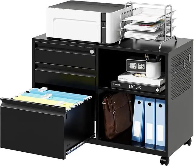 Main image of Mobile 3 Drawer File Cabinet with Lock-Metal Lateral Rolling Printer Stand Filing Cabinets for Home Office-Storage A4/F4/Letter (Black)