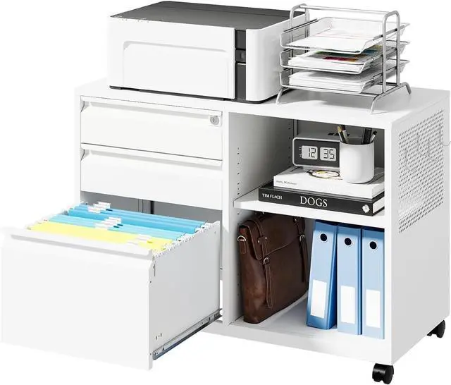 Main image of Mobile 3 Drawer File Cabinet with Lock-Metal Lateral Rolling Printer Stand Filing Cabinets for Home Office-Storage A4/F4/Letter (White)