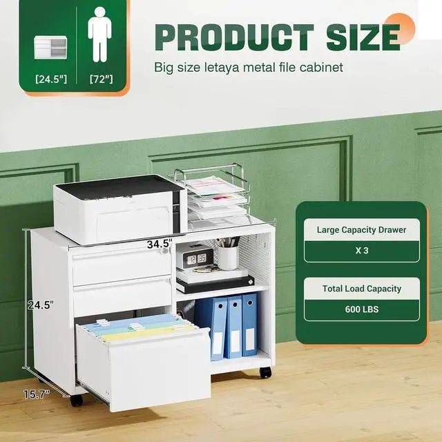 Alt view image 3 of 7 - Mobile 3 Drawer File Cabinet with Lock-Metal Lateral Rolling Printer Stand Filing Cabinets for Home Office-Storage A4/F4/Letter (White)